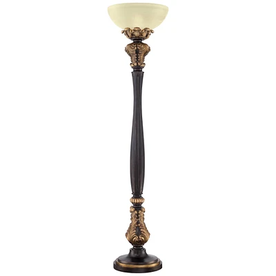 Barnes and Ivy Rita Traditional Victorian Torchiere Floor Lamp 75" Tall Carved Wood Amber Glass Shade Foot Dimmer Standing Light for Living Room Readi