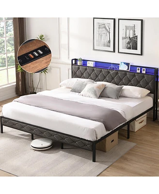 Upholstered King Bed with Storage, Charging Station, and Led Lights