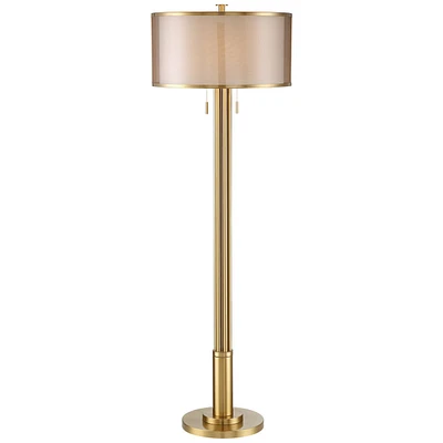 Possini Euro Design Granview Mid Century Modern Standing Floor Lamp 70 1/2" Tall Antique Brass Sheer Organza Outer Linen Inner Drum Shade for Living R