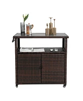 Streamdale Furniture Outdoor Wicker Bar Cart with Wheels and Glass Tabletop