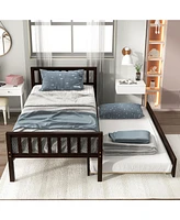 Twin Bed with Trundle, Platform Bed Frame with Headboard and Footboard, for Bedroom Small Living Space, No Box Spring Needed, Espresso