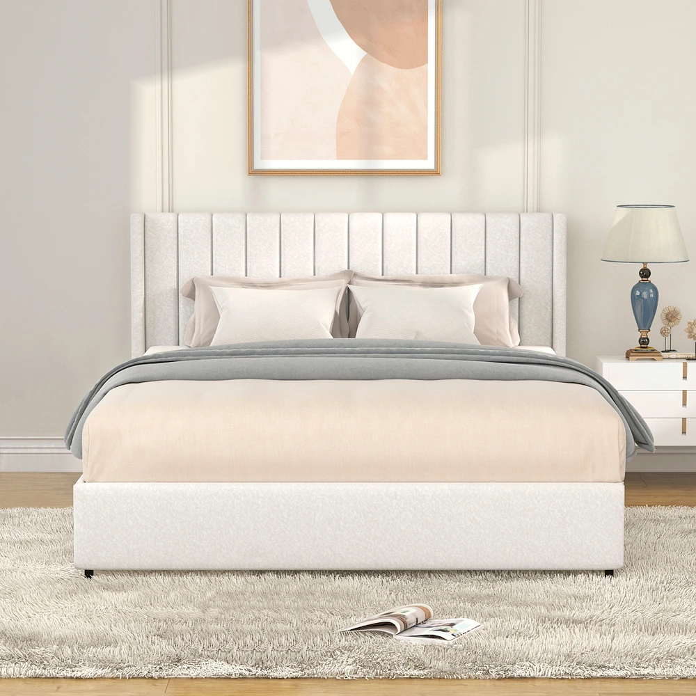 Anda Queen Size Ivory Boucle Upholstered Platform Bed with Patented 4 Drawers Storage, Tufted Headboard, Wooden Slat Mattress Support, No Box Spring N