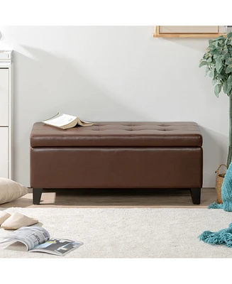 Modern Pu Leather Upholstered Storage Ottoman Bench with Birch Legs