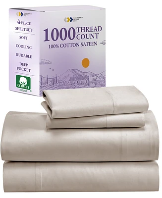 Luxury 1000 Thread Count King Sheets Set - 100% Cotton Sateen Soft, Thick & Deep Pocket