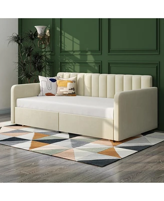 Flora Upholstered Daybed with 2 Drawers, Twin, Ivory Velvet, Ribbed Tufted Backrest, Daybed in Lavish Modern Design