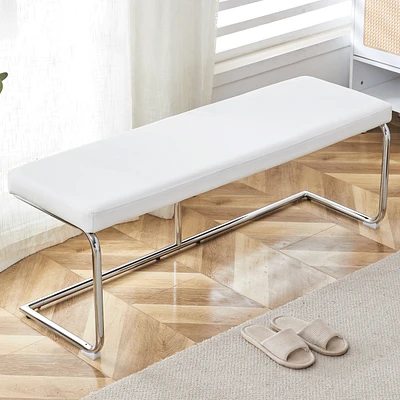 Versatile White Leather Bench with Silver Metal Legs for Multiple Rooms