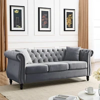 Grey Velvet Tufted 3-Seater Sofa with Pillows
