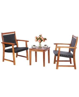 Gymax 3 Piece Brown Wicker Bistro Set Patio Chair Set of 2 w/ Acacia Wood Side Table