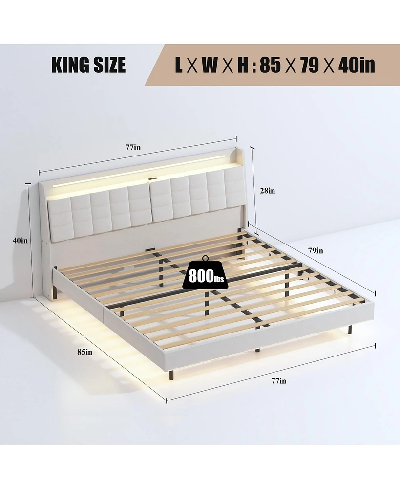 Mondawe Beige Led Light and Charging Station Upholstered Platform Bed Frame