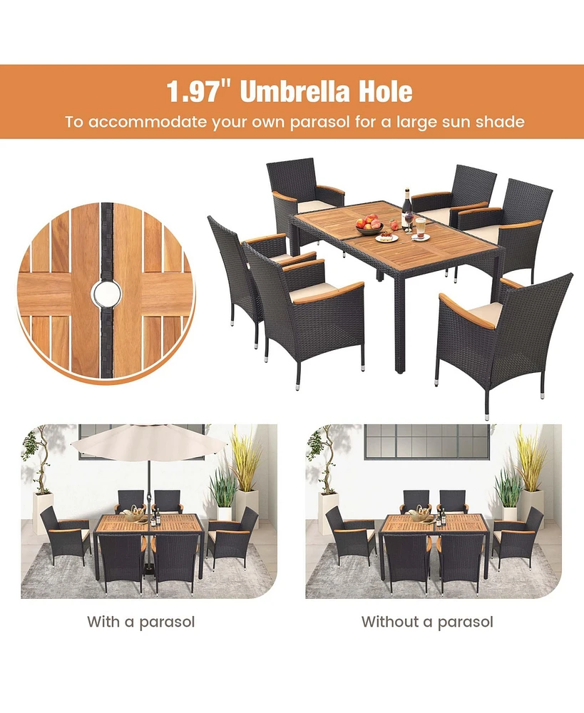 7 Pcs Outdoor Dining Set for 6 with Umbrella Hole Acacia Wood Tabletop Poolside