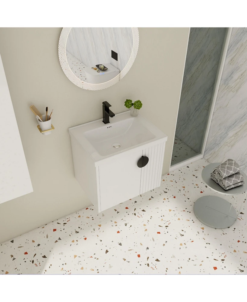 Wall-Mounted Vanity | Dual-Door with 3D Wave | Ceramic Sink | Soft-Close | Metallic