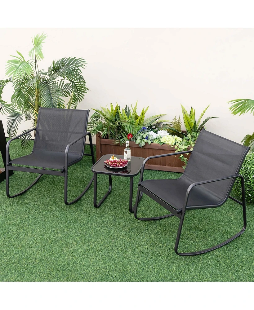 Costway 3 Piece Patio Rocking Set 2 Rocking Bistro Chairs & Glass-Top Table for Porch