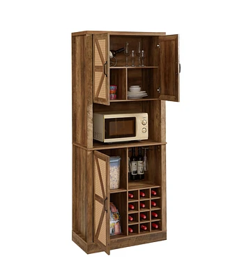 Rustic Oak Farmhouse Kitchen Cabinet with Faux Rattan Doors and Wine Storage