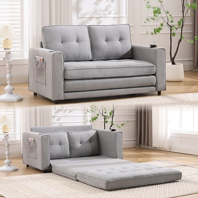 3-in-1 Tufted Futon Sofa Bed with Side Pockets and Cup Holders