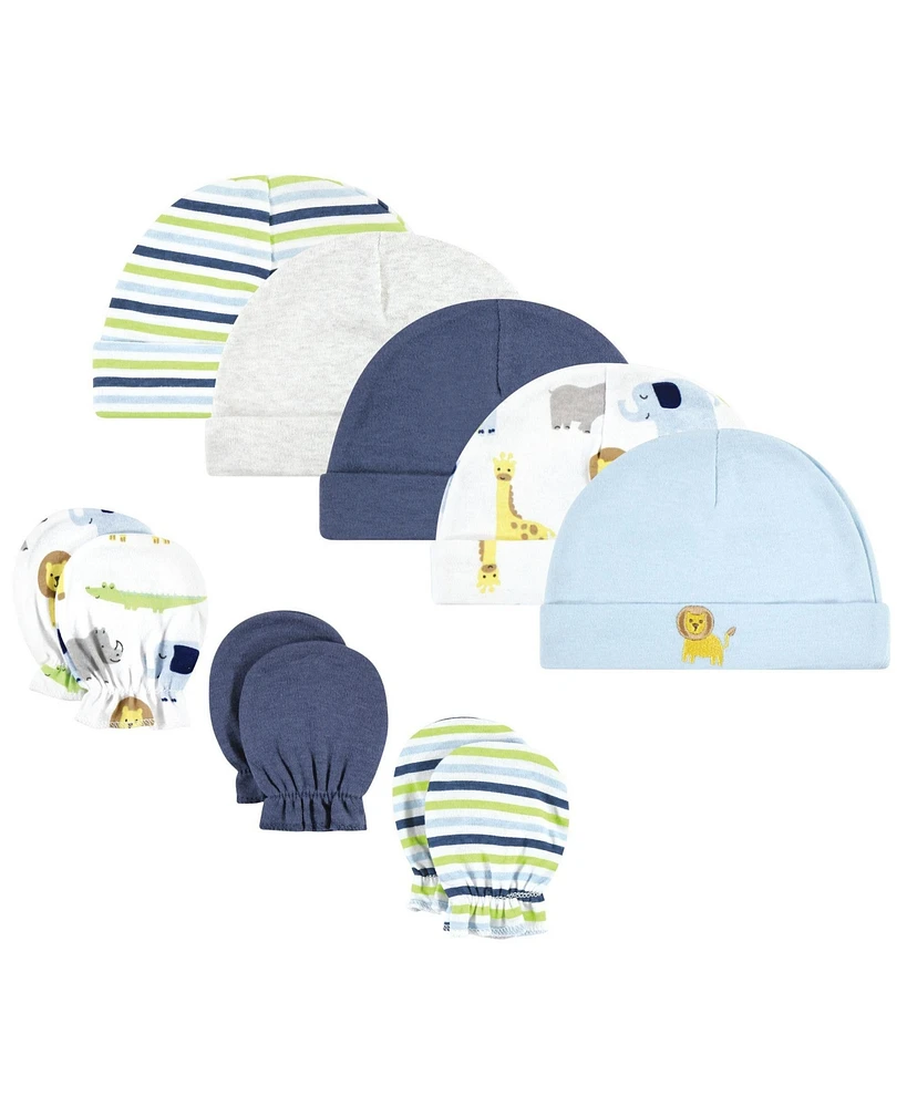 Hudson Baby Boys Soft Cotton Beanie and Anti-Scratch Hand Mitts