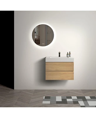 30" Wall-Mounted Vanity: Natural Oak, Glossy White Basin