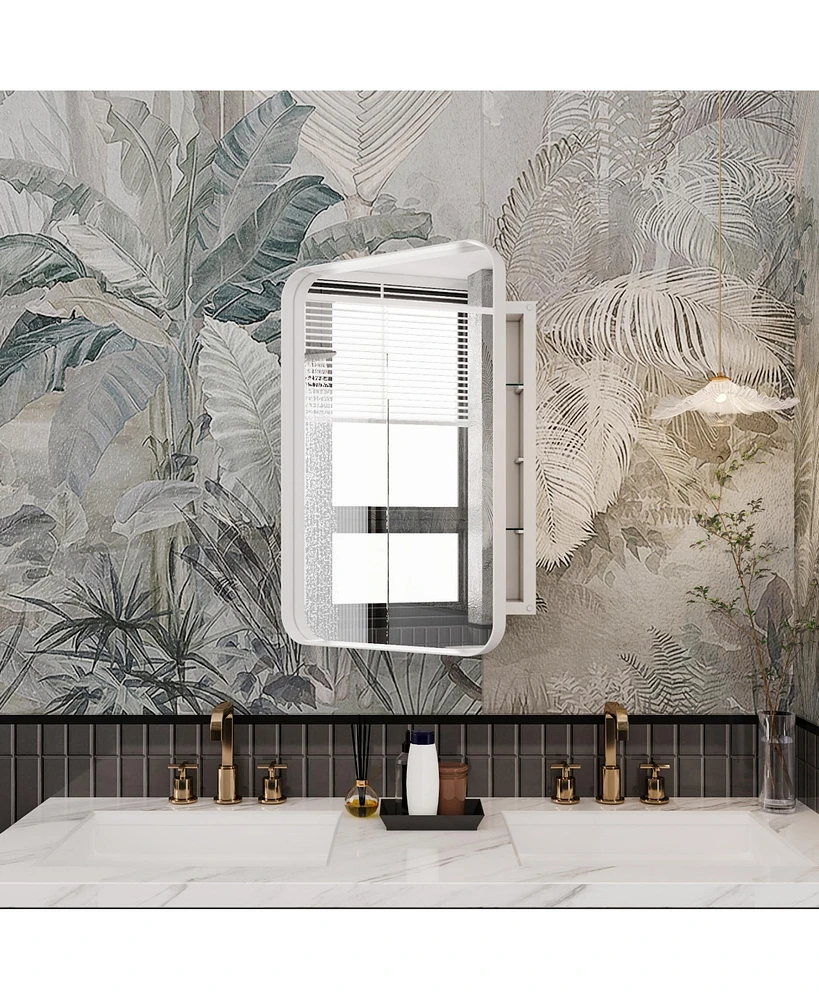 Recessed White Metal Medicine Cabinet with Mirror and Shelves