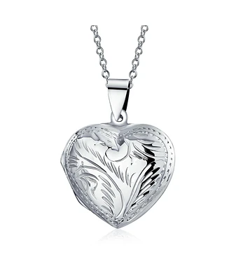 Bling Jewelry Simple Plain Keepsake Domed Puff carved Leaf Heart Shaped Photo Locket Holds Photos Pictures Silver Necklace Pendant Large