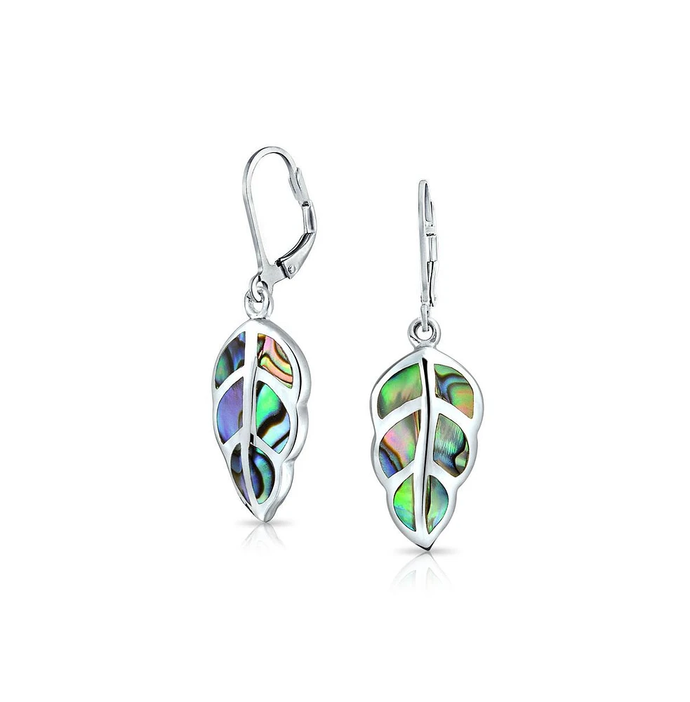 Bling Jewelry Native American Inspired Red Brown Blue Created Opal Inlay Lever back Nature Leaf Dangle Drop Earrings .925 Sterling Silver