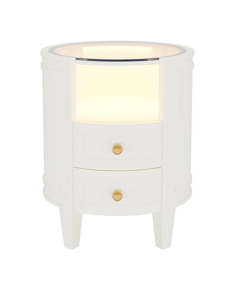 Tribesigns 2-Drawer Nightstand with Glass Tabletop, Modern White Oval Led Nightstands, No Assembly Required, Oval Round Night Stand Side Table for Bed