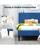 Sugift Twin Size Upholstered Platform Bed with with Button Tufted Linen Fabric Headboard
