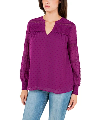 Fever Women's Clip Dot Top with Smocked Cuff