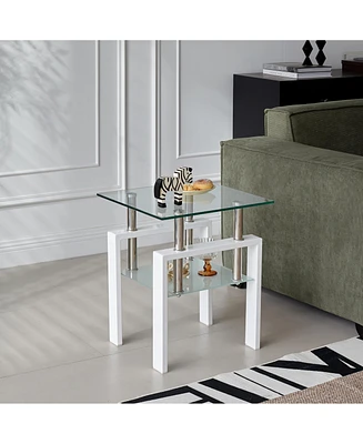 Tempered Glass End Table, 2-Tier Storage, Living Room Side Table