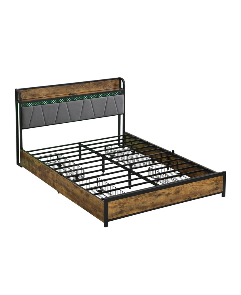 Queen Bed Frame with Storage, Charging Station, Led Lights, and Drawers