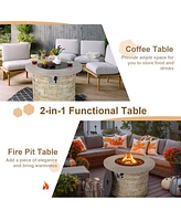 36'' Round Propane Gas Fire Pit Table Faux Stone w/ Lava Rock