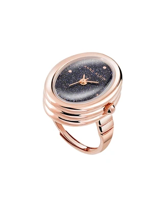 Anne Klein Women's Quartz Blue Sandstone Gemstone and Rose Gold-Tone Alloy Metal Ring Watch, 17mm