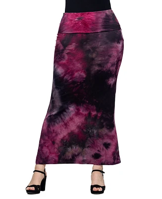 24seven Comfort Apparel Women's Pink Tie Dye Fold Over Waist Maxi Skirt