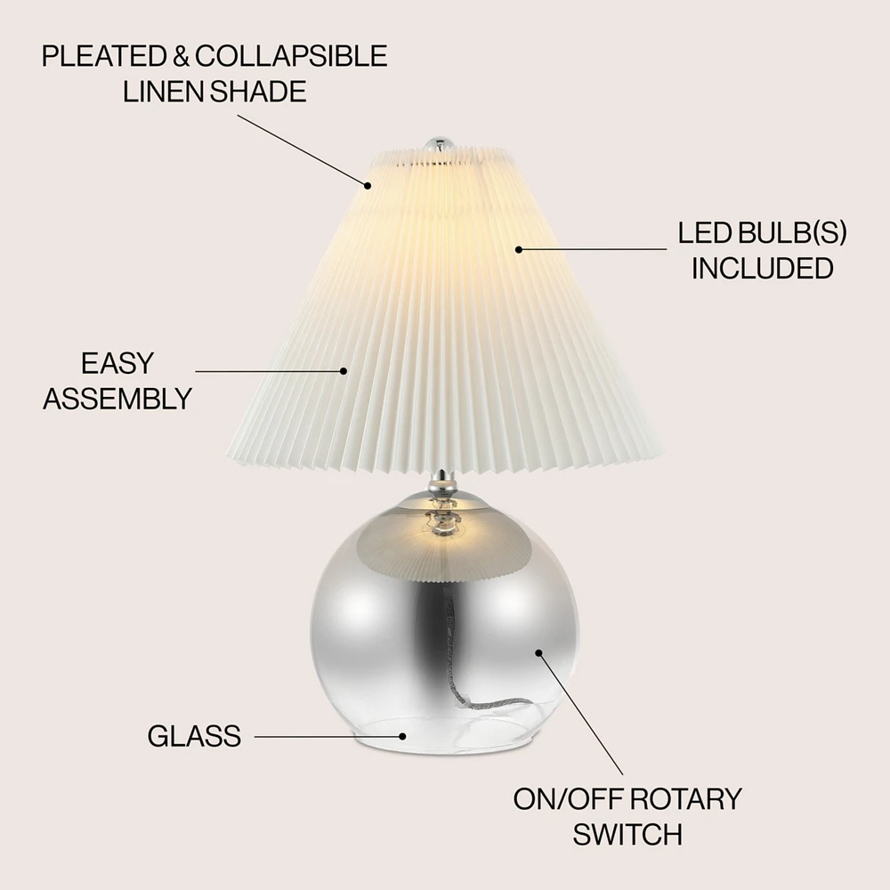 Jonathan Y Louisa 22.5" Mid-Century Modern Round Glass/Iron Pleated Shade Led Table Lamp, Smoke Gradient/Chrome