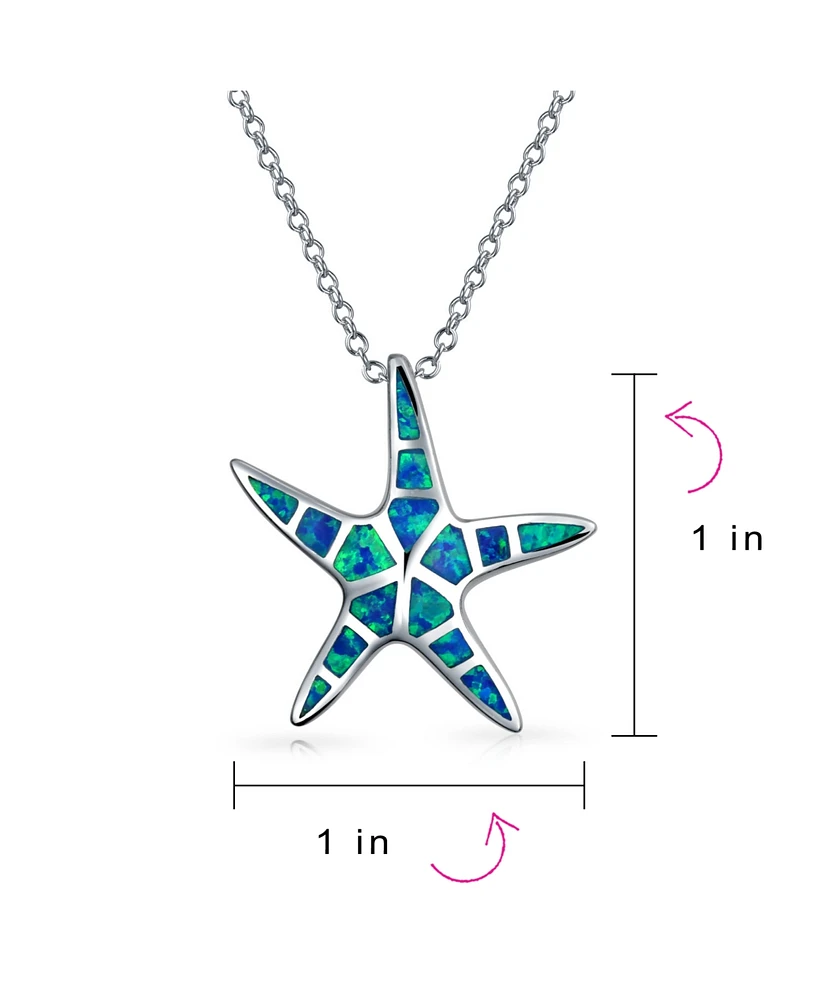 Bling Jewelry Nautical Beach Pendant Blue Inlay Created Opal Starfish Pendant Necklace For Women For Teen .925 Sterling Silver