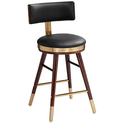 Parker Walnut Wood Gold Metal Bar Stool Brown 25 1/2" High Mid Century Modern Black Leather Upholstered with Backrest Footrest for Kitchen Counte
