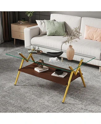 Modern Glass Coffee Table with Golden Metal Legs