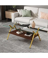 Modern Glass Coffee Table with Golden Metal Legs
