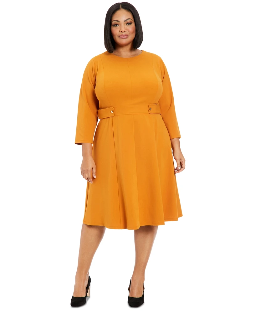 London Times Plus Size 3/4-Sleeve Tab-Waist Fit & Flare Dress