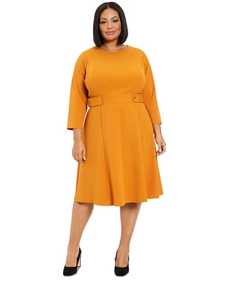 London Times Plus Size 3/4-Sleeve Tab-Waist Fit & Flare Dress