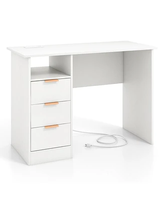 Home Office Desk with Power Outlet 3 Storage Drawers and Open Compartment-White
