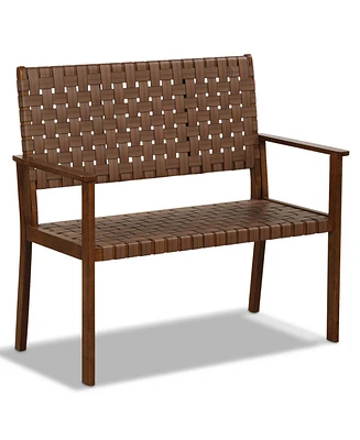 Patio Loveseat All Weather Bench with Solid Rubber Wood Frame&Hand Woven Pu Leather