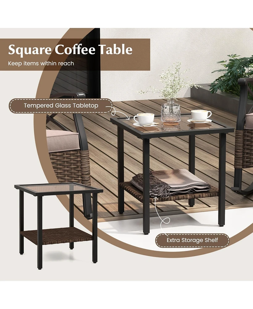 3 Pieces Outdoor Rattan Rocking Chairs Set with 2-Tier Side Table