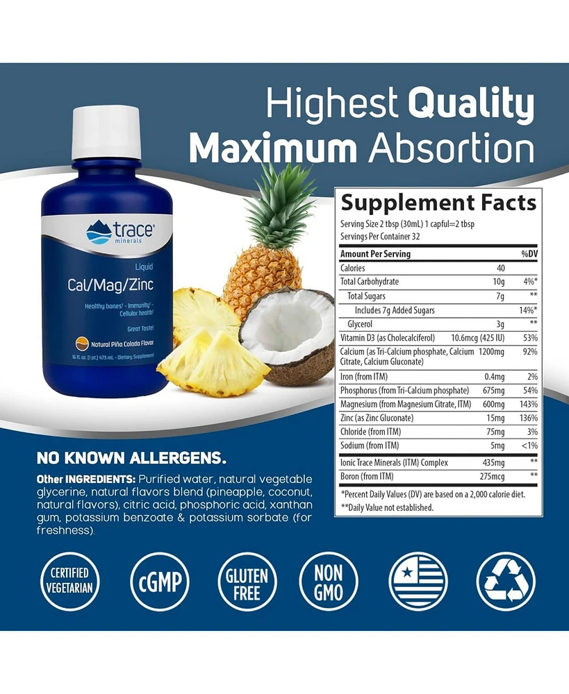 Trace Minerals Liquid Cal/Mag/Zinc | Calcium, Magnesium, Zinc, Vitamin D3 | Dietary Supplement Supports Tissue, Muscle, and Bone Density | Natural Pin