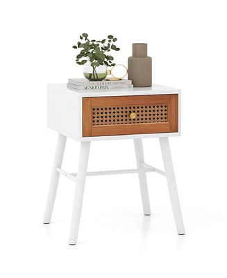 Rattan Nightstand Mid Century Modern Accent Table with Drawer