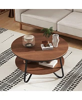 2-Tier Round Coffee Table with Wood Grain Finish & Heavy-duty Metal Frame