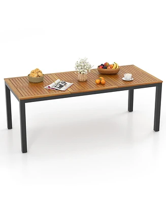 79" Acacia Wood Patio Table 8-Person Outdoor Dining Table with Umbrella Hole