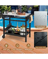Sugift Movable Outdoor Dining Cart Table Hdpe Pizza Oven Stand Table with Stainless Steel Tabletop