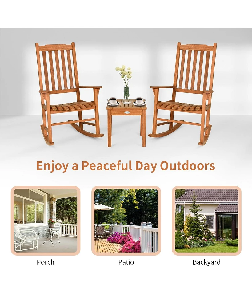 Sugift 3 Pieces Eucalyptus Rocking Chair Set with Coffee Table