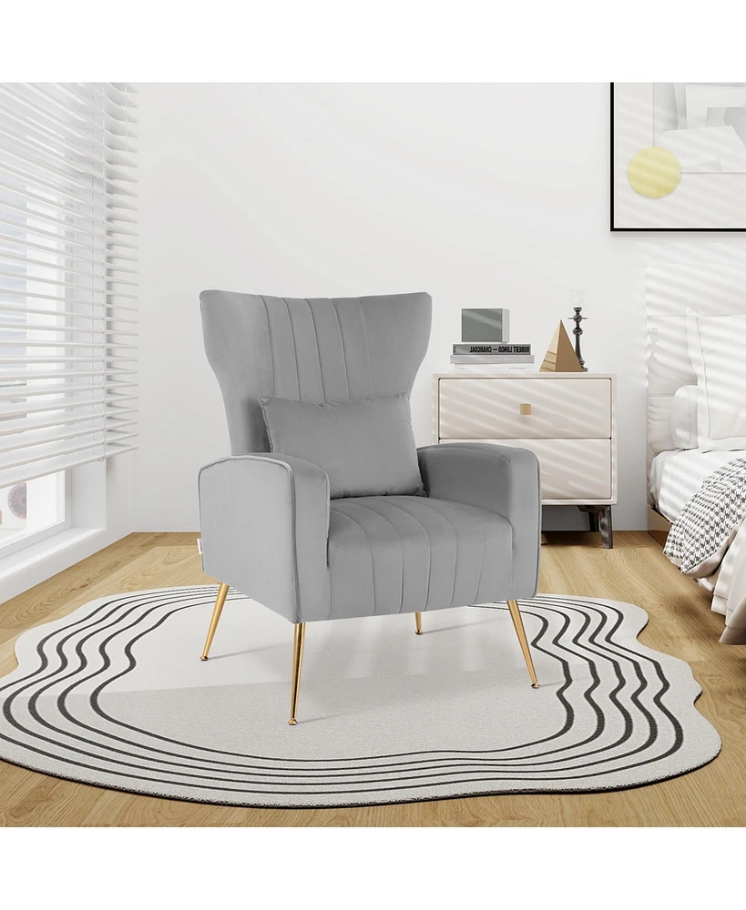 Velvet Upholstered Wingback Chair with Lumbar Pillow & Golden Metal Legs