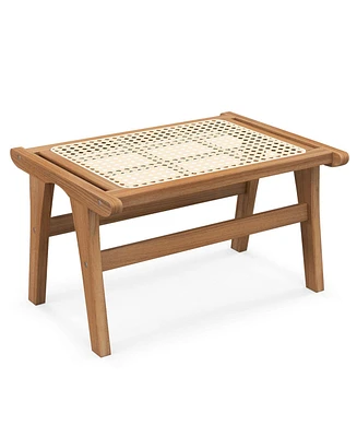 1 Pcs Ottoman Footstool Natural Teak Wooden Foot Rest with Handwoven Rattan Indoor