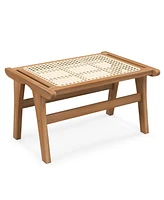 1 Pcs Ottoman Footstool Natural Teak Wooden Foot Rest with Handwoven Rattan Indoor